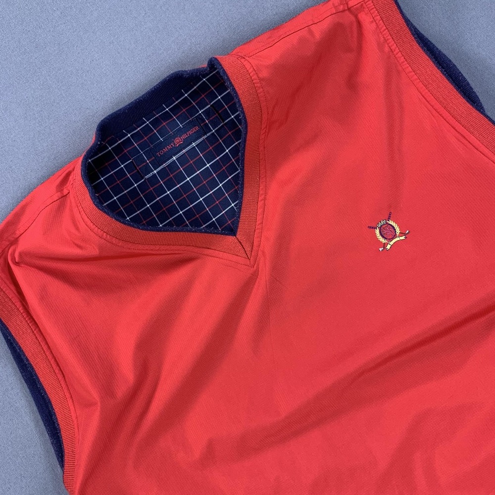 Tommy Hilfiger Vest Mens Large Red Reversible Golf‎ Windbreaker Pullover V Neck